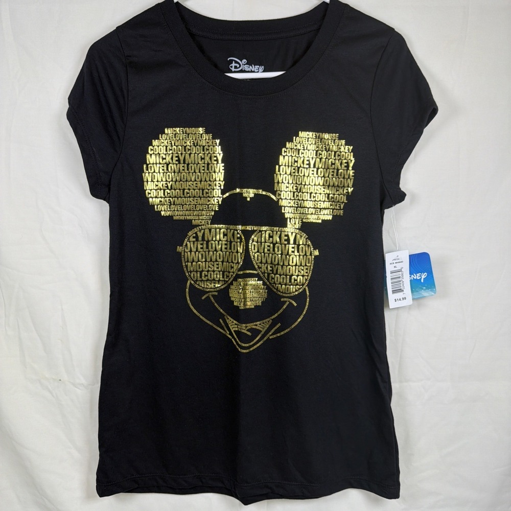 Disney Mickey Mouse Gold Graphic T-Shirt Women's XL Black Short Sleeve